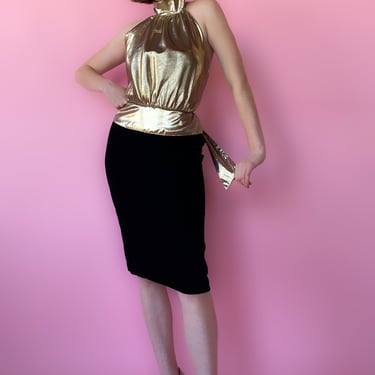 1980s Gold lamé halter cocktail Dress , sz. S
