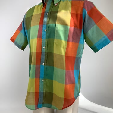 1960's Color Block Shirt - Button Down Collar - PENNEYS TOWNCRAFT - Poly Blend - Multi Color Block - Men's Size Medium 