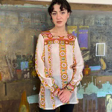 1970s french made floral tunic, square neckline, long sleeves / small - medium 