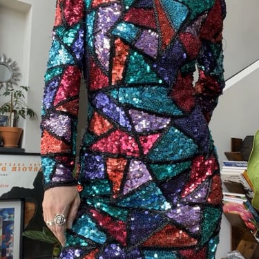 VTG 80s Silk Sequin Colorblock Dress 