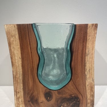 Blown Art Glass Vase In Live Edge Stab #1 , modern minimalism decor, abstract home decor, natural decor, live edge table decor, hand blown 