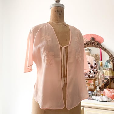 Vintage 1930’s ‘40s peach silk bed jacket | flapper lingerie, floral applique top, XS/S 