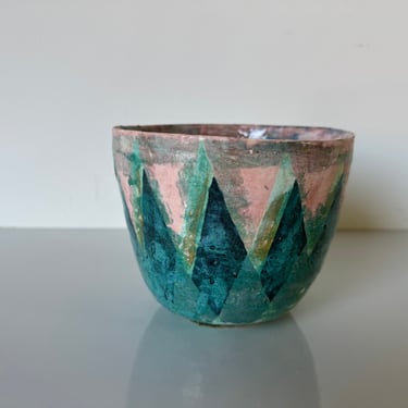1980's Vintage Hand Painted Abstract  Turquoise And Pink Art Ceramic Bowl 