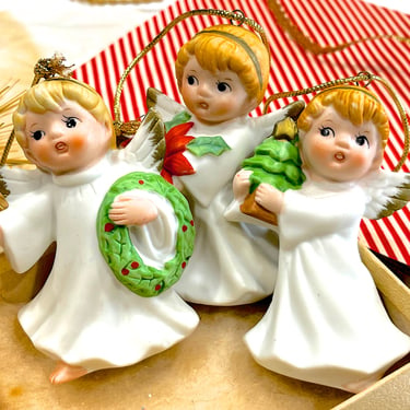 VINTAGE: 3pcs - Homco Christmas Bisque Porcelain Angel Ornaments - Musical Angels - Christmas Holiday - SKU 25-C3-00034702 