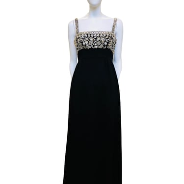 1960's Elinor Simmons For Malcolm Starr Black Embroidered Evening Gown