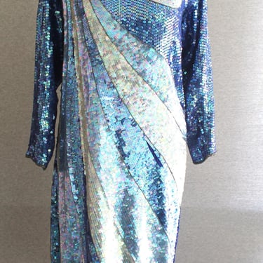 1980-90s - Wave on Wave - Asymetric - Sequined and Beaded - Op Art - Cocktail Dress - by Sho Max - Marked size M 
