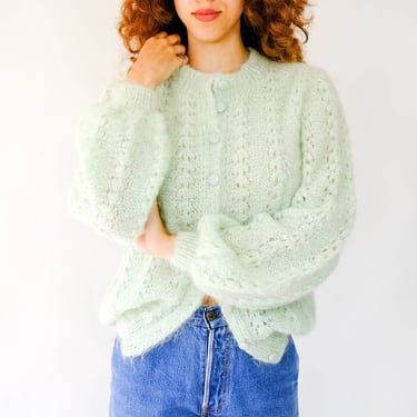 Vintage 60s Light Mint Hand Cable Knit Mohair Cardigan w/ Bubble Sleeve | Bohemian, Cottagcore, Crochet | 1960s Artisan Mohair Wool Sweater 