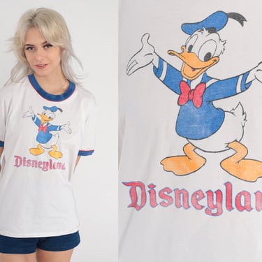 Vintage Disneyland Shirt 80s Donald Duck Ringer Tee Walt Disney Cartoon Graphic T-Shirt Kawaii Nostalgia White Navy Blue Retro 1980s Medium 