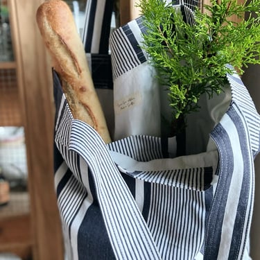 Beautiful French market bag made from vintage French mattress fabric lined with vintage French white linen 