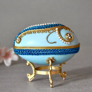 Vintage Jewelry Box Gilded Blue Egg Box Retro Home Decor 