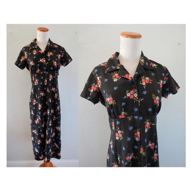 Vintage 90s Floral Dress - Black Flower Print - Button Front Midi -  Romantic Cottagecore Bohemian 90s does 40s Style - Size Small 