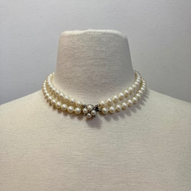Vintage 50s PEARL Choker / RHINESTONE + Pearl Box Clasp Closure / Two Strand Faux Pearl Necklace 