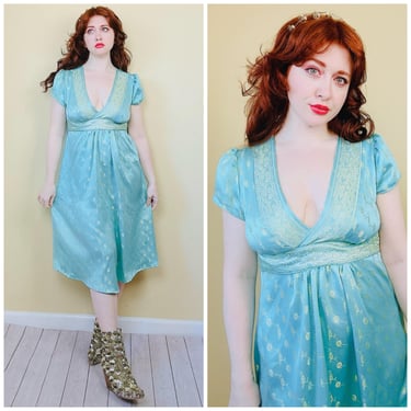 Y2K Vintage Teal Blue And Gold Plunging Neck Dress / Romanic Floral Brocade Silk Gown / Size Large 