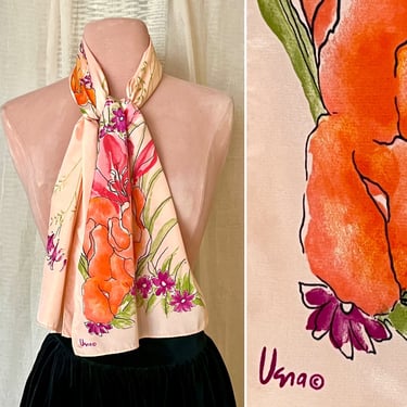 Vera Scarf, Artsy Floral Design, Oblong Shape, Signed, Japan, Vintage 60s 70s 