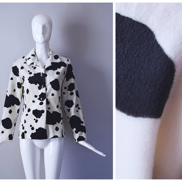 Vintage 1990s XI Black and White Cow Print Faux Fur Blazer Jacket | retro 90s Y2K 2000s | 