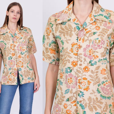70s Hawaiian Floral Aloha Shirt - Men's Medium | Vintage Boho Short Sleeve Collared Wood Button Up Top 