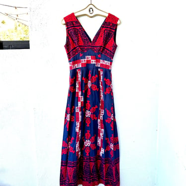 Vintage 50s 60s Hawaiian Dress Hawaii Barkcloth Bird Red Blue White Party Dress 