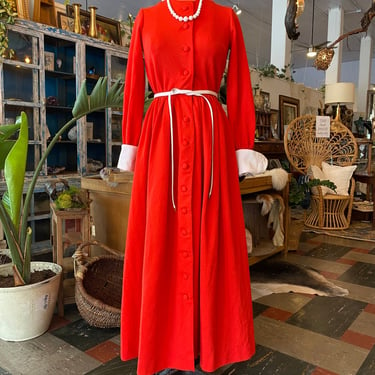 1970s maxi dress, red polyester, vintage 70s dress, french cuffs, long sleeves, full length, hostess gown, medium, 29 30 