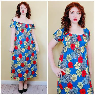 1970s Vintage Blue Acetate Empire Waist Maxi Dress / 70s / Seventies Rainbow Floral Off Shoulder Gown / Size Medium - XL 