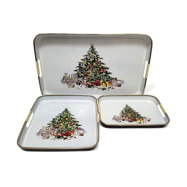 Vintage Christmas Tree Lacquer Tray Set, 3pc Holiday Lacquerware Cookies Cheese Charcuterie Dessert Snack Trays, Retro Kitchen Tablesetting 