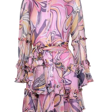 Alexis - Pink & Purple Paris Ruffled Silk Blend Mini Dress Sz M