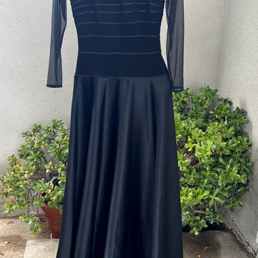 Vintage black maxi evening dress sheer top ribbed bodice satin skirt Sz XS 