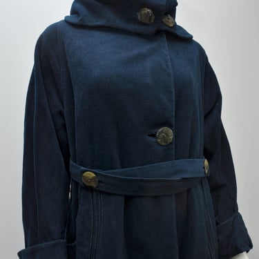 antique Edwardian 1900s blue wool coat w/ cowl neck and belt XS-M 