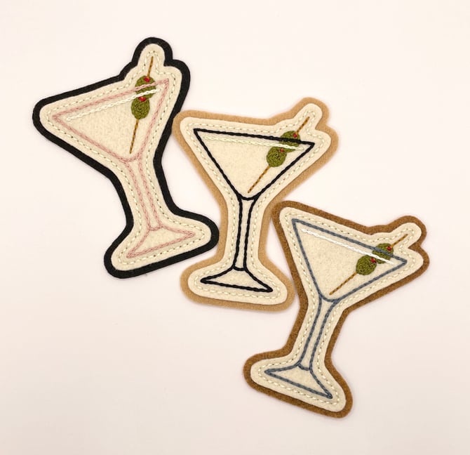 Handmade / hand embroidered off white &amp; black, tan or copper felt patch - dirty martini with olives - vintage style - traditional tattoo 