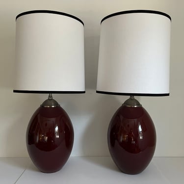 Oversize Oxblood Ovoid Lamps & Shades - a Pair 