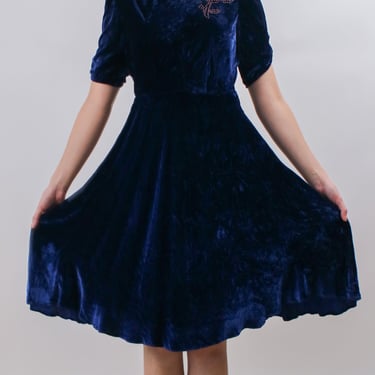 1930s Blue Velvet Cocktail Dress with Pink Studded Details