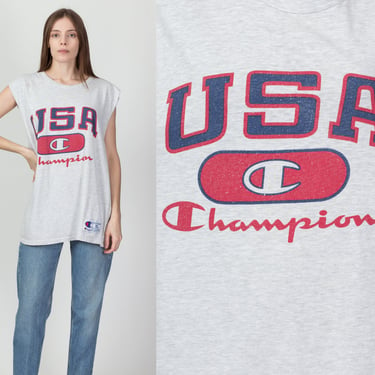 90s Champion USA Distressed Tank - Extra Large | Vintage Unisex Grey Muscle Shirt 