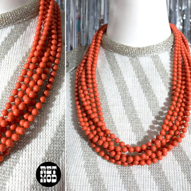 Fabulous Vintage 60s 70s Orange Multi-strand Beaded Statement Necklace 