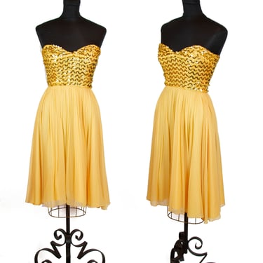 Vintage 1950s Dress ~ Strapless Gold Sequin Chiffon Cocktail Dance Dress 