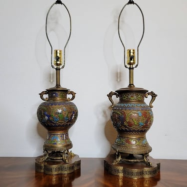 Pair of Antique Asian Champleve’ Enameled Bronze Urns Fashioned As Table Lamps 
