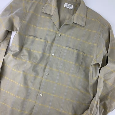 1950's - Plaid Shirt - All Cotton - ARROW Label - Putty, Yellow & Gray Plaid - Loop Collar - Patch Pockets - Men's Size Large 