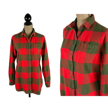 M Y2K Olive & Red Buffalo Plaid Shirt, 100% Cotton Flannel Blouse Medium, Worn In Long Sleeve Collared Button Down, 2000s Clothes WOOLRICH 
