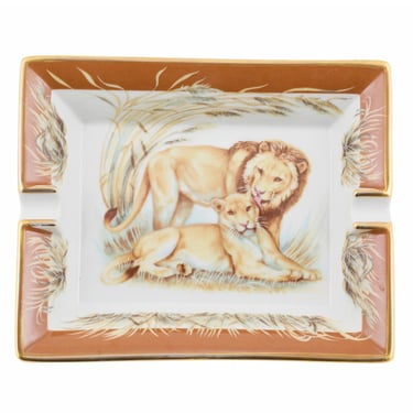 Hermès 2004 'Lion & Lionne' by Robert Dallet Vintage Porcelain Ashtray Trinket Tray 