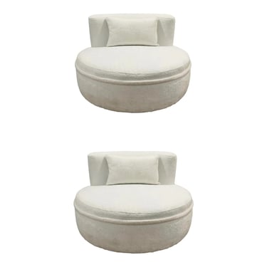 Modern White Swivel Lounge Chairs Pair
