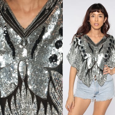 Sequin Butterfly Top Sequin Blouse SILVER Metallic Shirt Boho 70s Disco 80s Bohemian Party Trophy 1980s Silk Vintage Cocktail Medium Large 