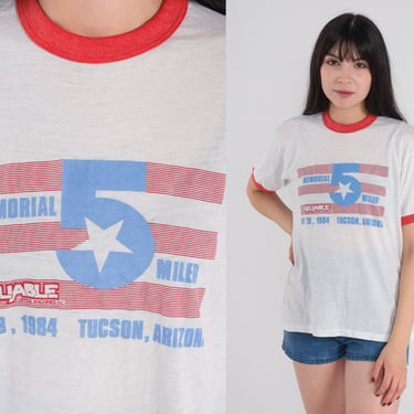 1984 Memorial 5 Miler Shirt 80s Ringer T-Shirt Tuscon Arizona Charity Run Graphic Tee Running Single Stitch White Red Vintage 1980s Large L 