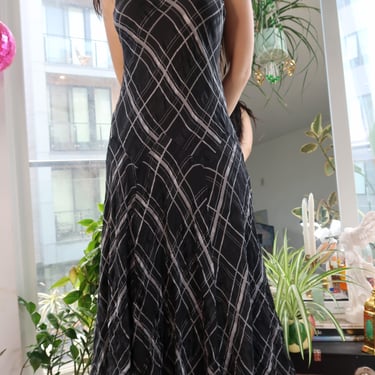 100% Silk Black Plaid Maxi Dress – Sleeveless Bias-Cut Y2K Grunge Slip Dress