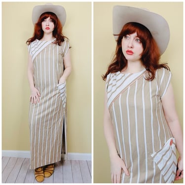1980s Vintage Khaki and White Striped Pierre Cardin Dress . 80s Cotton Cap Sleeve Pocket Maxi Dress / Medium - Large 