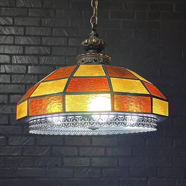 Vintage Tiffany Style Amber & Burnt Orange Geometric Glass Dome Pendant Chandelier, c.1960’s 