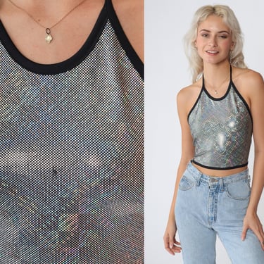 Holographic Crop Top 90s Sparkly Halter Tank Top Silver Shiny Glitter Open Back Party Rave Sexy Going Out Backless Blouse Vintage 00s Medium 