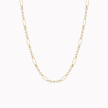 Linked Prong Diamond &amp; Paperclip Rolo Chain Necklace