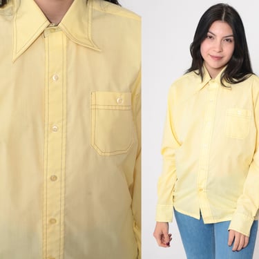 70s Shirt Yellow Dagger Collar Shirt Topstitch Button Up Shirt Long Sleeve Top Disco Shirt 1970s Collared Oxford Youth 18 Women's Small 