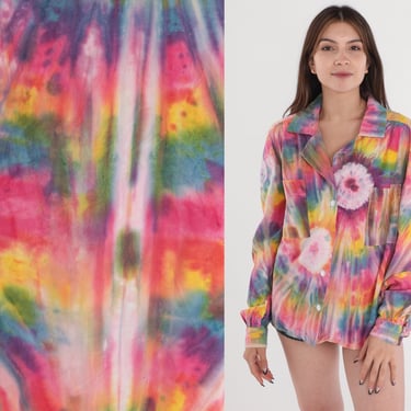 Tie Dye Top 90s Psychedelic Button Up Shirt Rainbow Sunburst Tiedye Print Top Groovy Festival Party Rave Long Sleeve Vintage 1990s Large L 