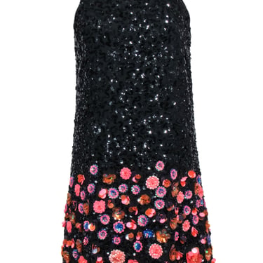 Parker - Black Sequin Sleeveless Shift Dress w/ Floral Embellishment Sz 4