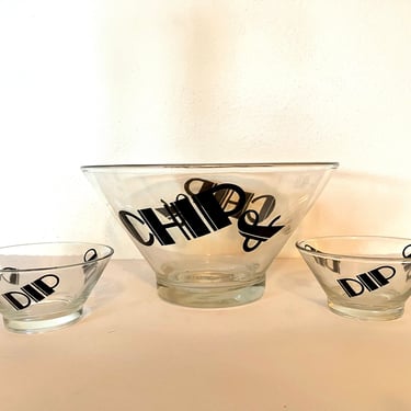 Vintage 1960s Chip & Dip Clear Glass Bowl 3pc Set 