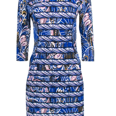 BCBG Max Azria - Blue Printed Paneled Sheath Dress w/ Cropped Sleeves Sz S